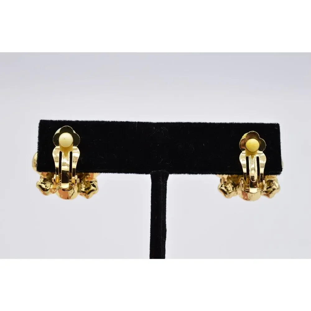 Vintage Crystal Flower Clip On Earrings Rhinestone Gold Tone Shiny 1980s BinAF